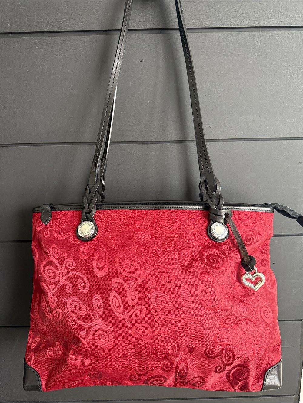 Brighton Retired Red Evelyn/Melvin Jacquard Tote with Heart Charm and Black Trim